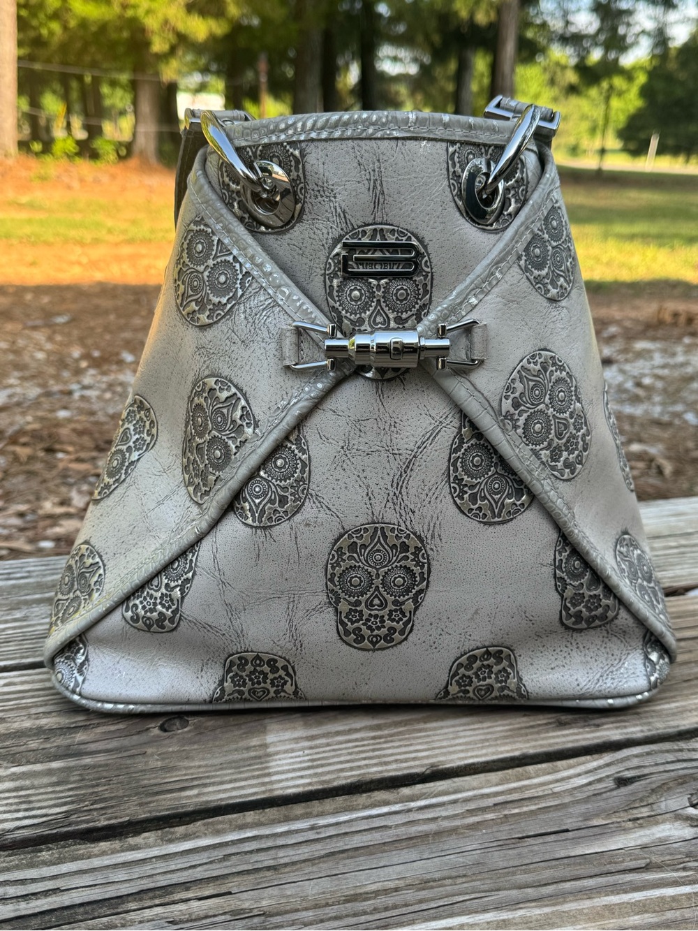 Bswanky Metallic Silver Sugar Skull Drawstring Shoulder Bag